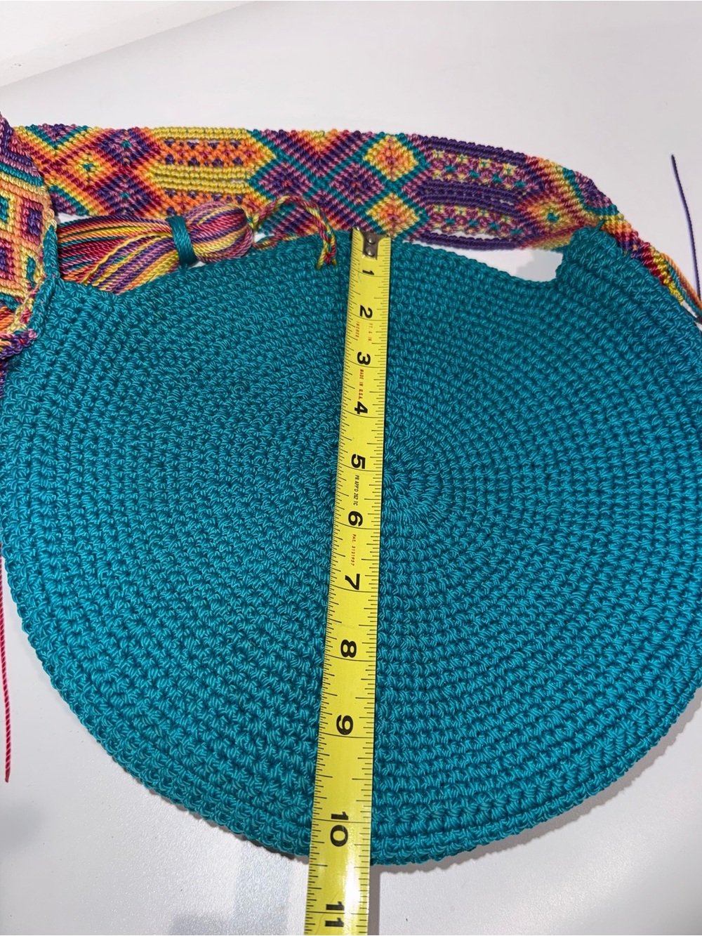 Handmade Rare Wayuu Colombian Mochila bag teal and multi color round - Picture 11 of 11